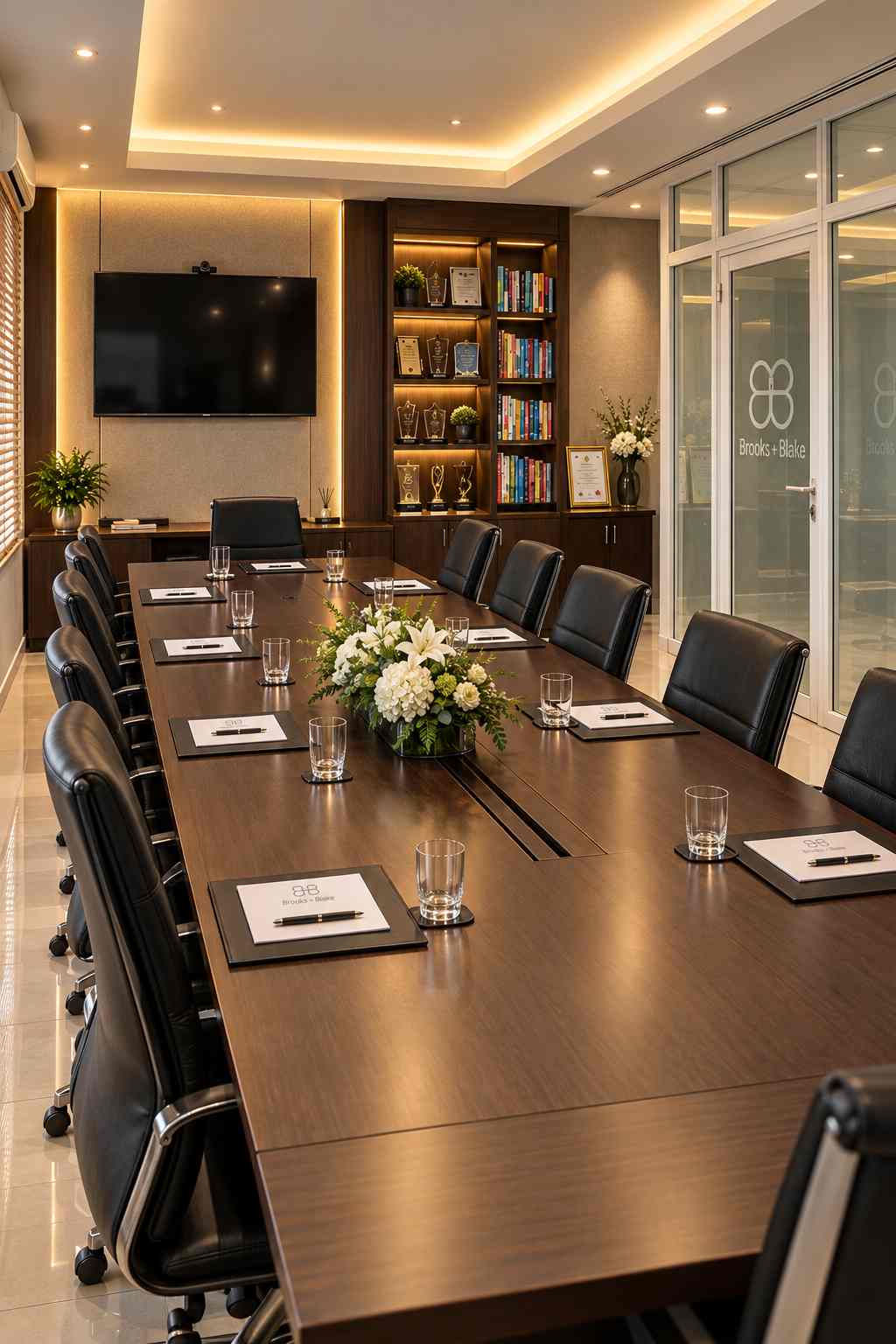 Contemporary boardroom overlooking a city