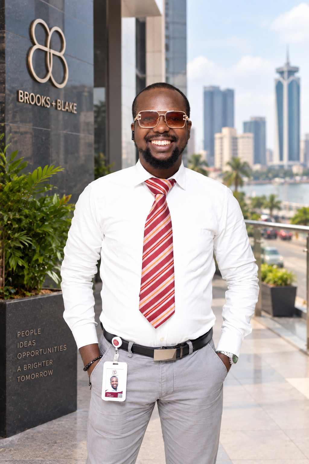 Executive in a business suit in a modern city setting